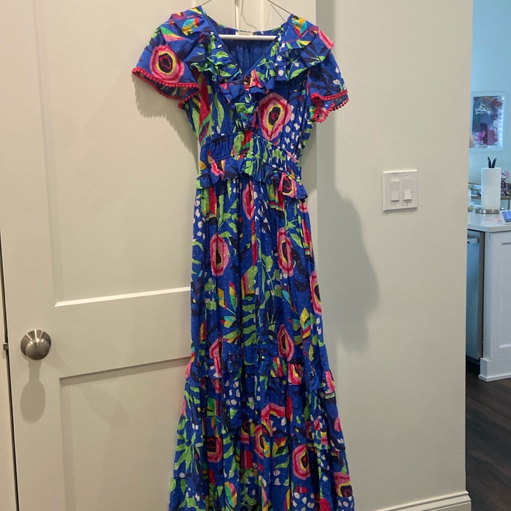 Maude Vivante Ana blue dress exotic leaves pattern EUC